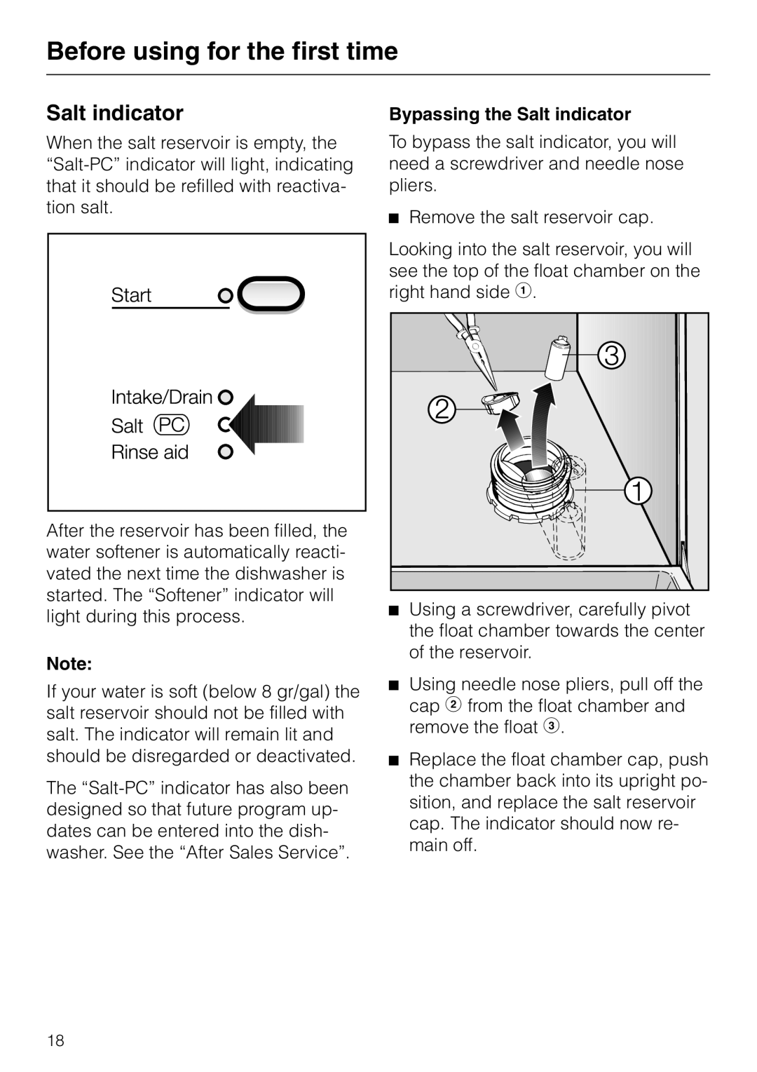 Miele G848 manual Before using for the first time, Bypassing the Salt indicator 