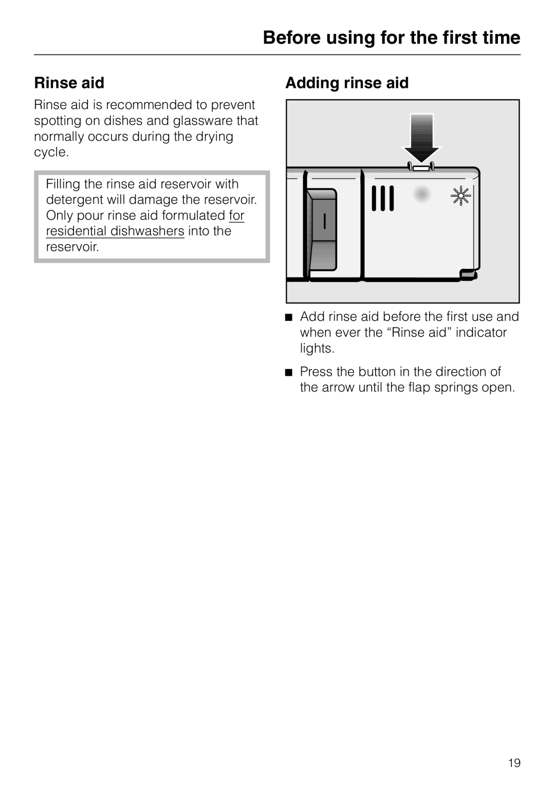 Miele G848 manual Before using for the first time, Rinse aid, Adding rinse aid 