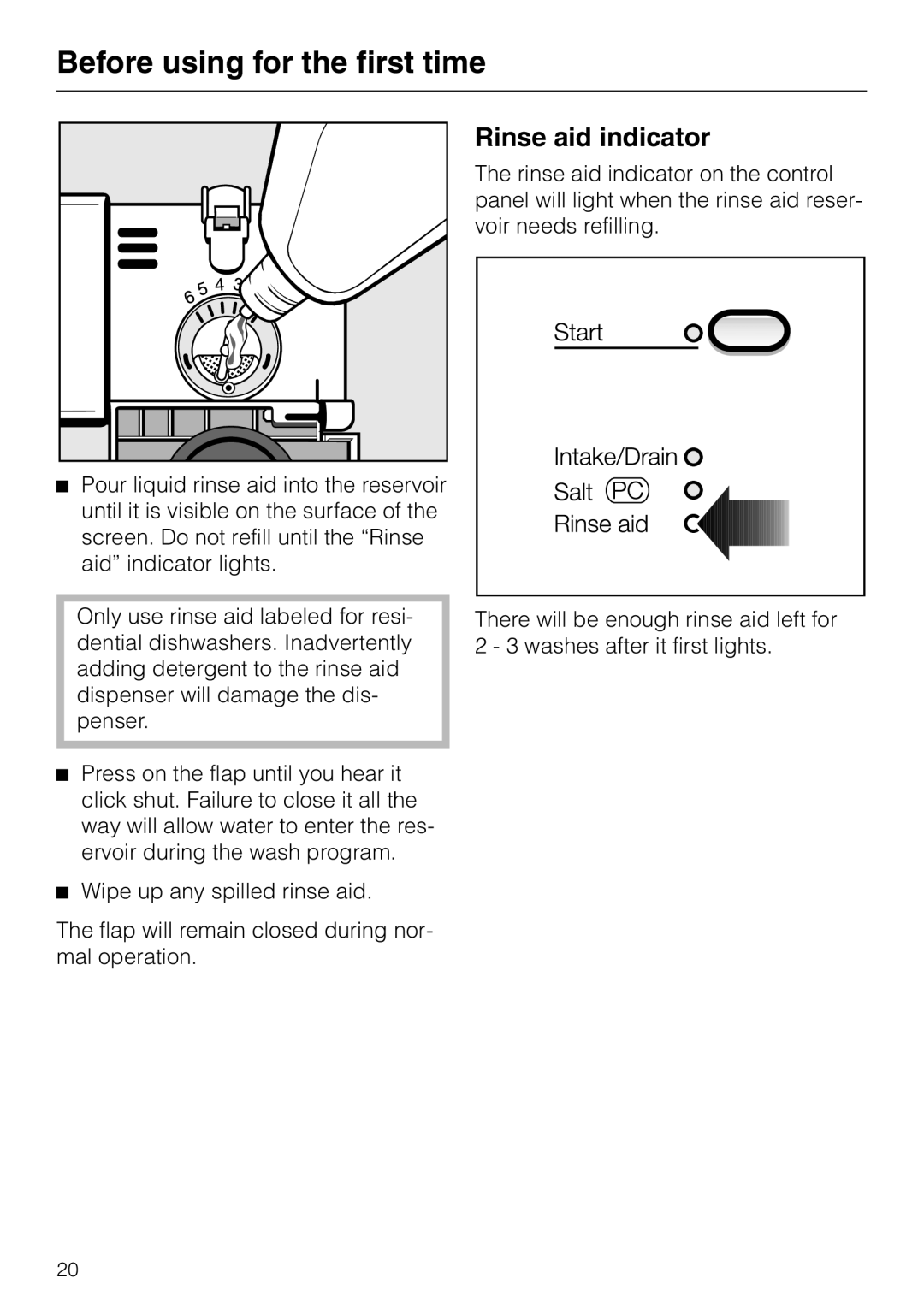 Miele G848 manual Before using for the first time, Rinse aid indicator 