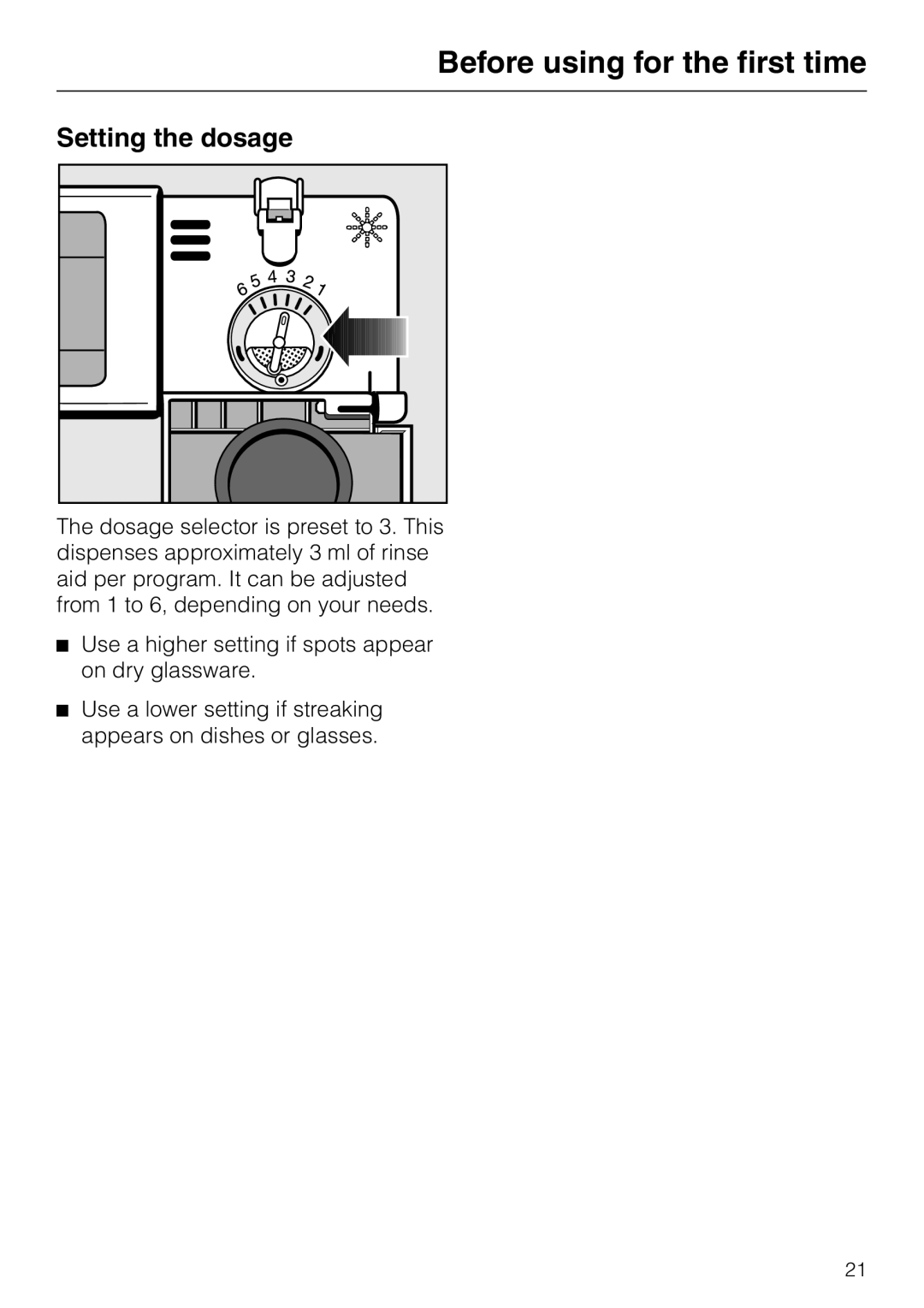 Miele G848 manual Before using for the first time, Setting the dosage 