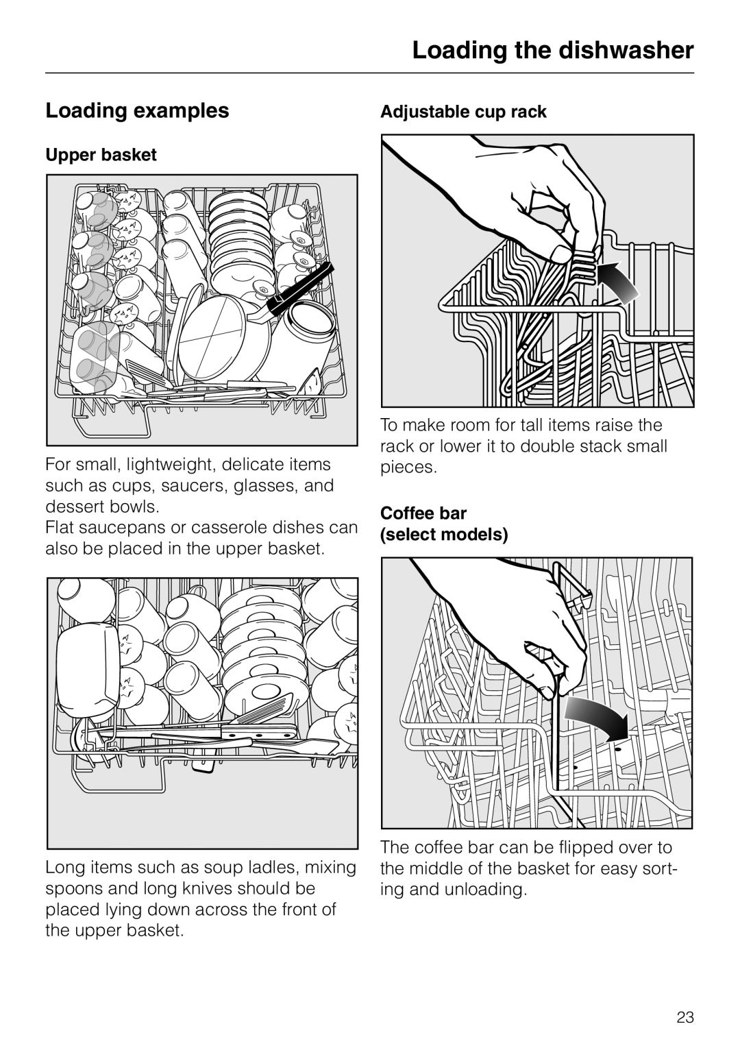 Miele G848 manual Loading the dishwasher, Loading examples, Adjustable cup rack, Upper basket, Coffee bar select models 