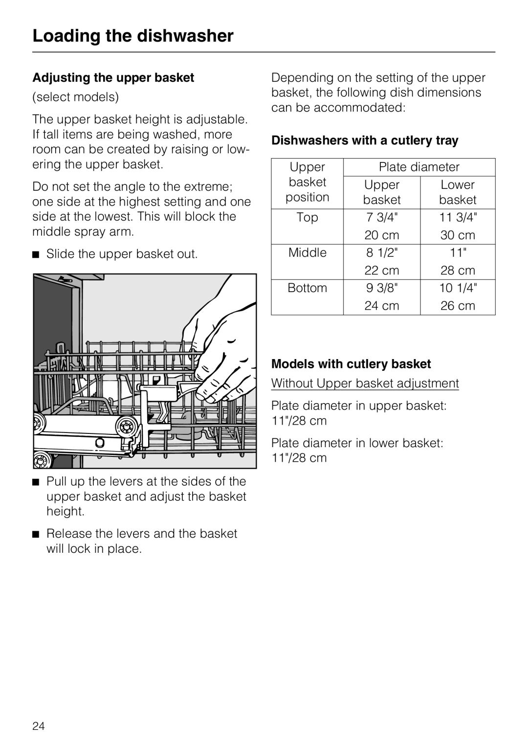 Miele G848 Loading the dishwasher, Adjusting the upper basket, Slide the upper basket out, Dishwashers with a cutlery tray 