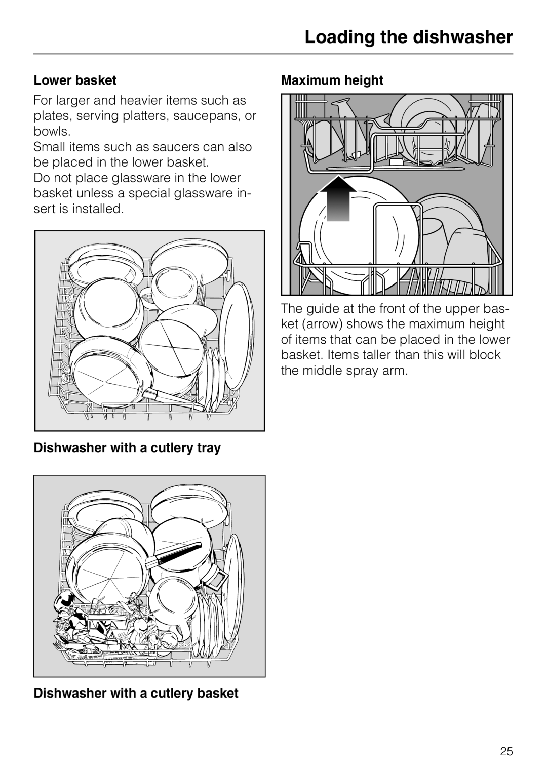 Miele G848 manual Loading the dishwasher, Lower basket, Dishwasher with a cutlery tray, Dishwasher with a cutlery basket 