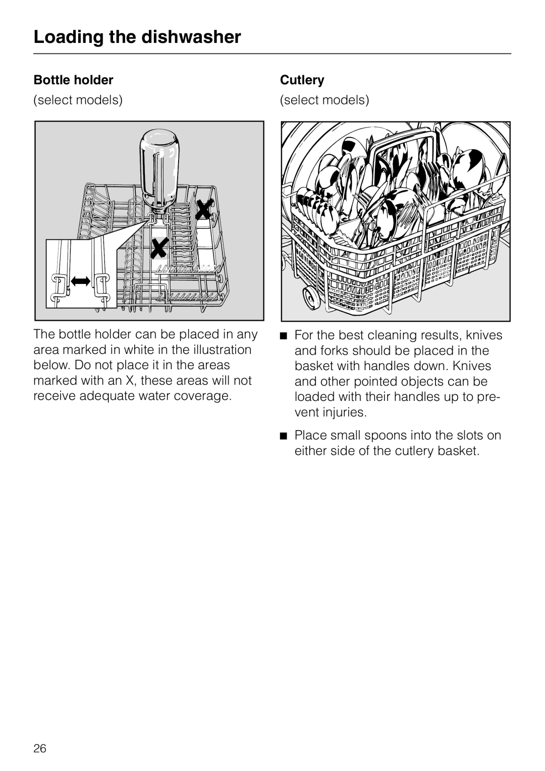 Miele G848 manual Loading the dishwasher, Bottle holder, Cutlery 