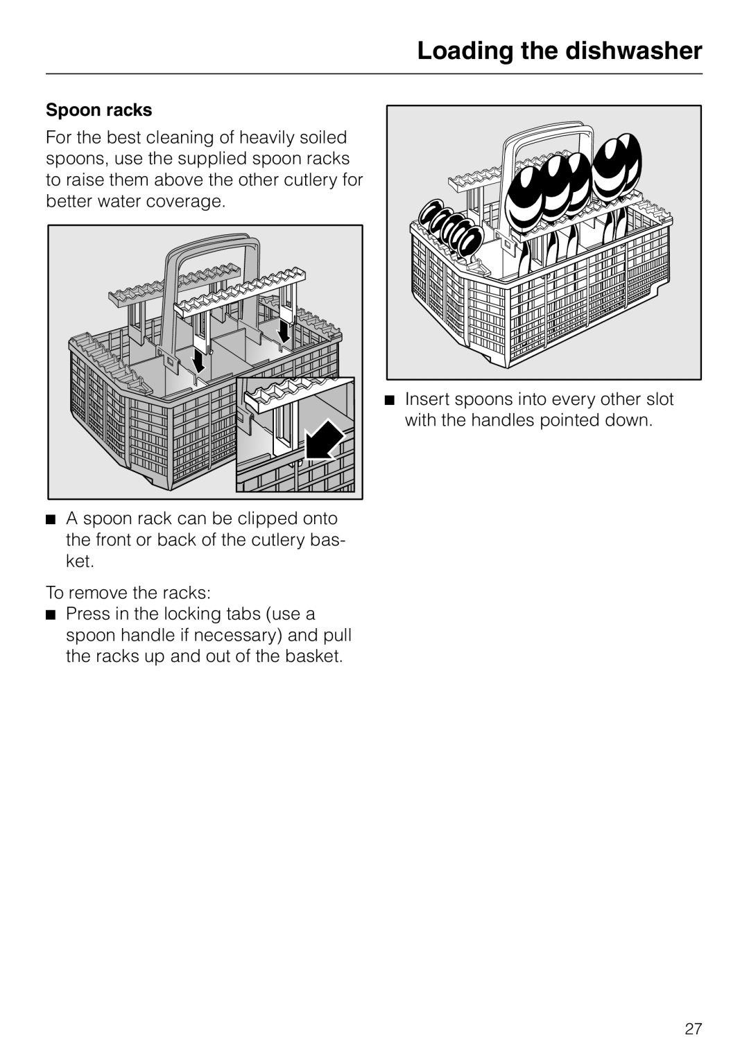 Miele G848 manual Loading the dishwasher, Spoon racks 