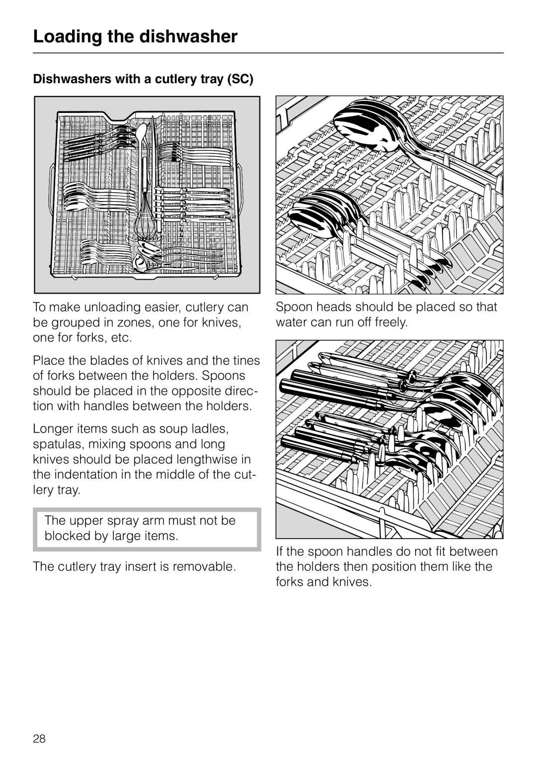 Miele G848 manual Loading the dishwasher, Dishwashers with a cutlery tray SC 