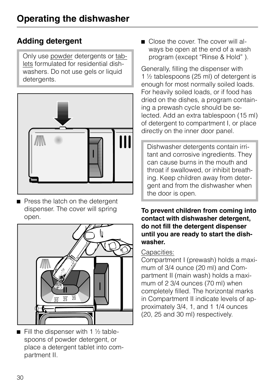 Miele G848 manual Operating the dishwasher, Adding detergent 