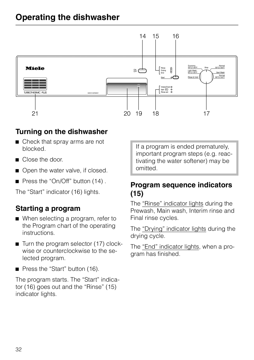 Miele G848 manual Operating the dishwasher, Turning on the dishwasher, Starting a program, Program sequence indicators 