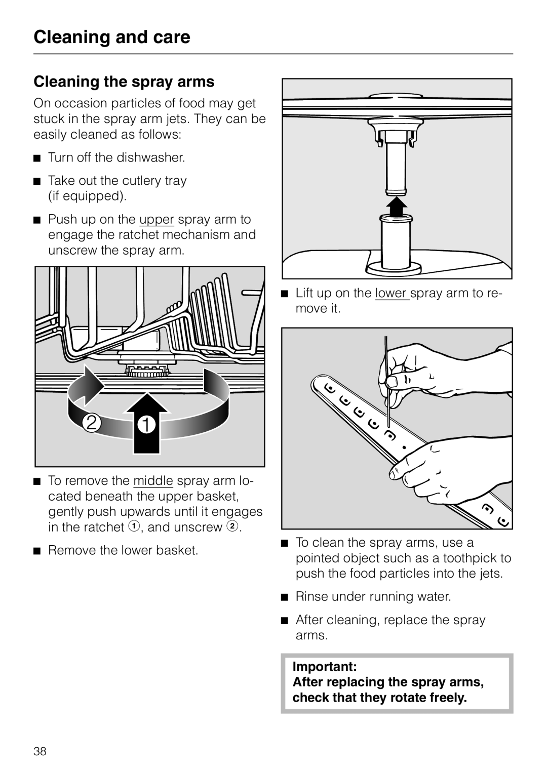 Miele G848 manual Cleaning and care, Cleaning the spray arms 