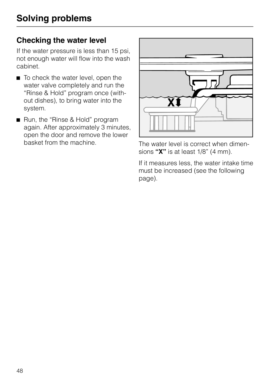 Miele G848 manual Solving problems, Checking the water level 