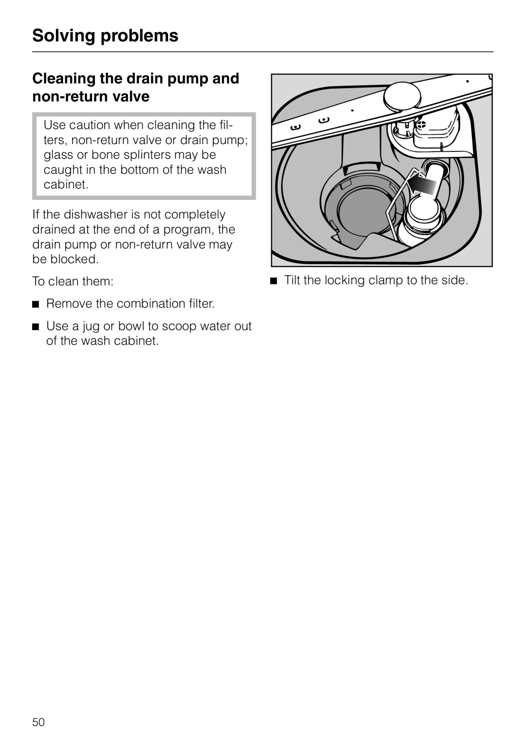 Miele G848 manual Solving problems, Cleaning the drain pump and non-returnvalve 
