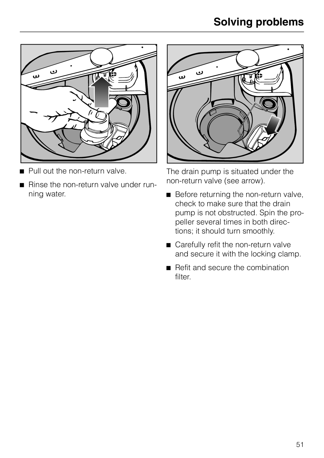 Miele G848 manual Solving problems, Pull out the non-returnvalve 