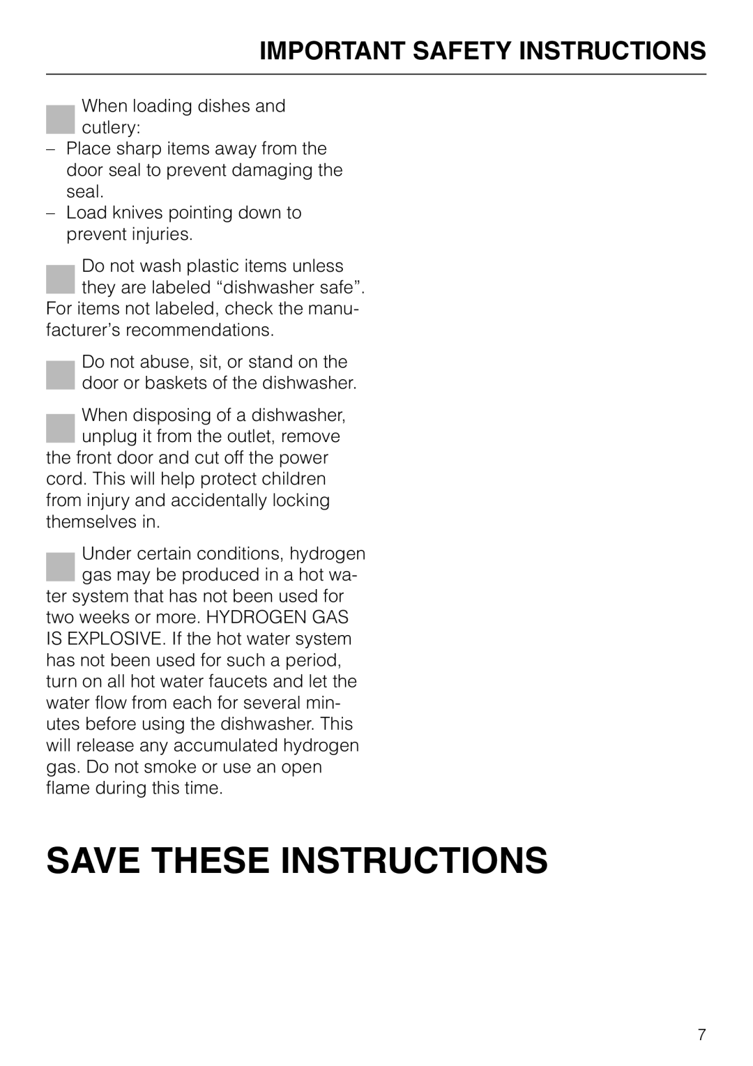 Miele G848 manual Save These Instructions, Important Safety Instructions 