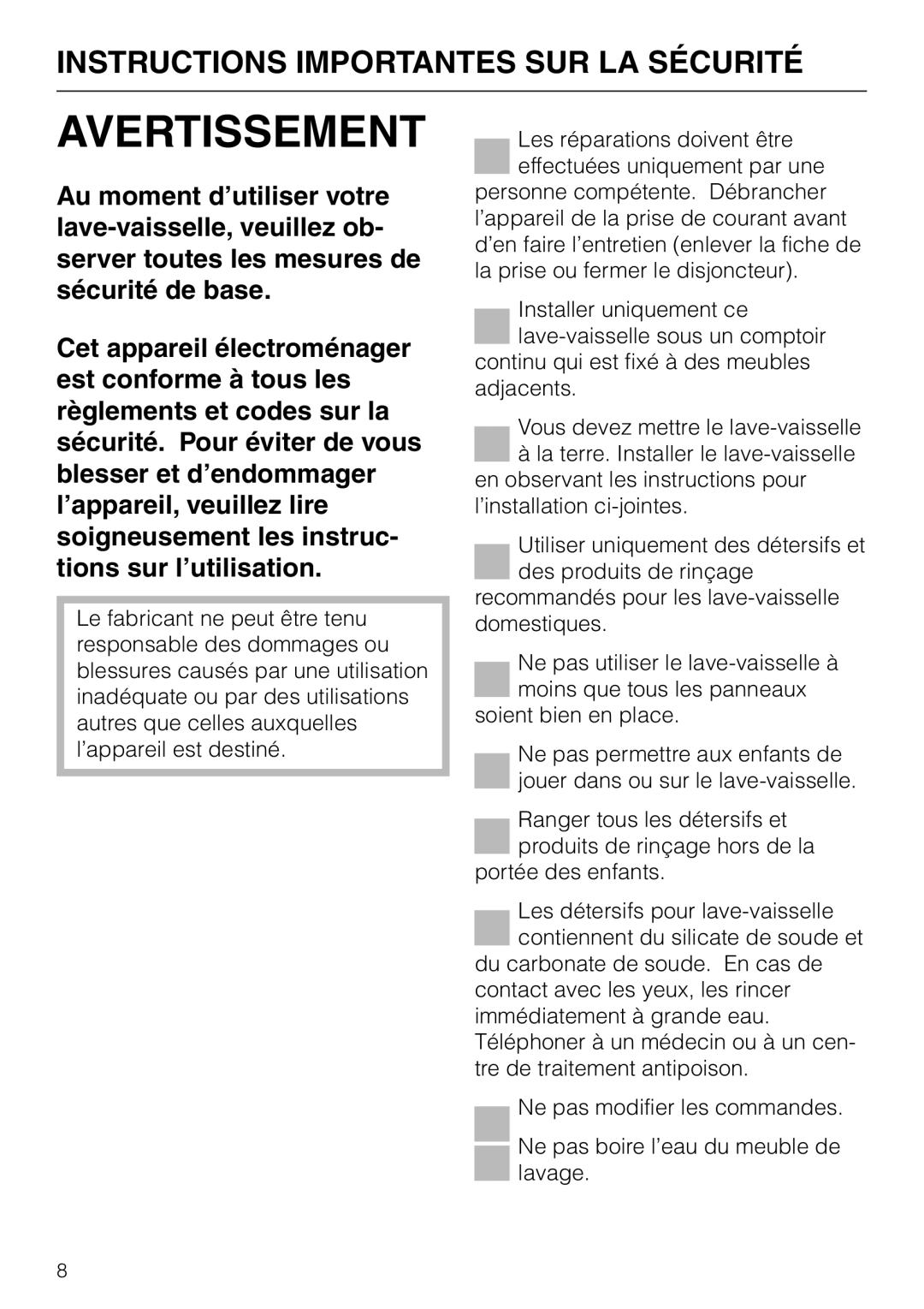 Miele G848 manual Avertissement, Instructions Importantes Sur La Sécurité 