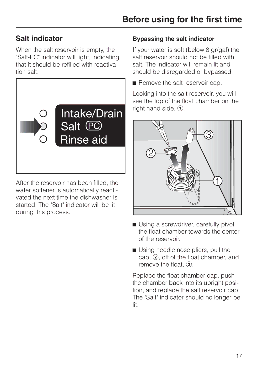 Miele G658SCVI, G858SCVI manual Salt indicator, Bypassing the salt indicator 