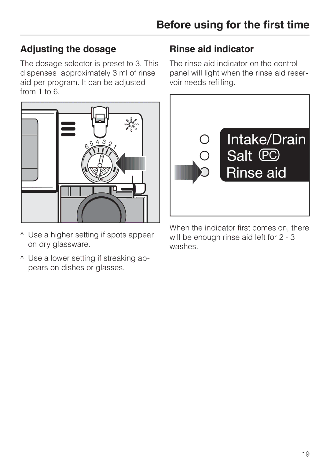 Miele G658SCVI, G858SCVI manual Adjusting the dosage, Rinse aid indicator 