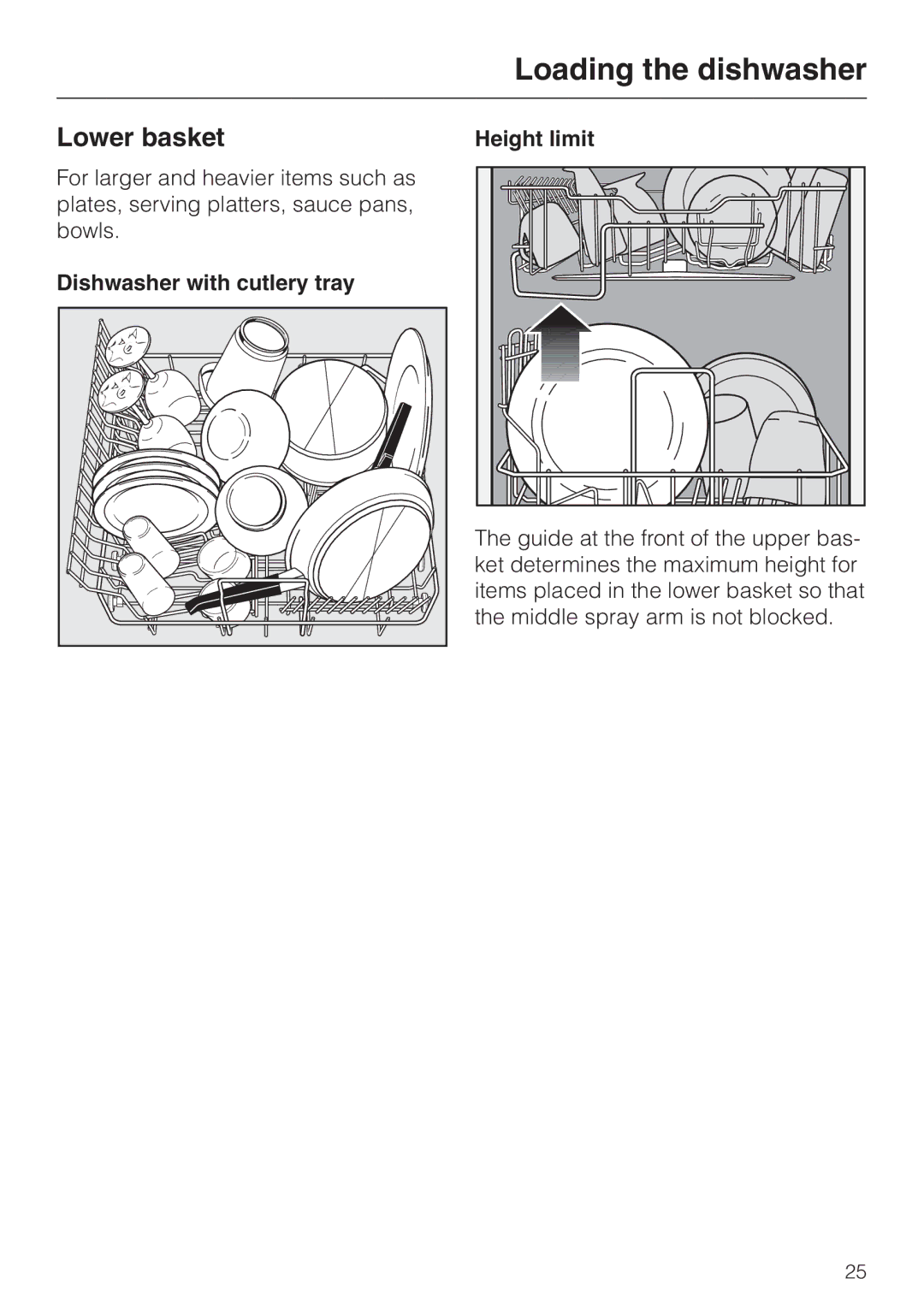 Miele G658SCVI, G858SCVI manual Lower basket, Dishwasher with cutlery tray Height limit 