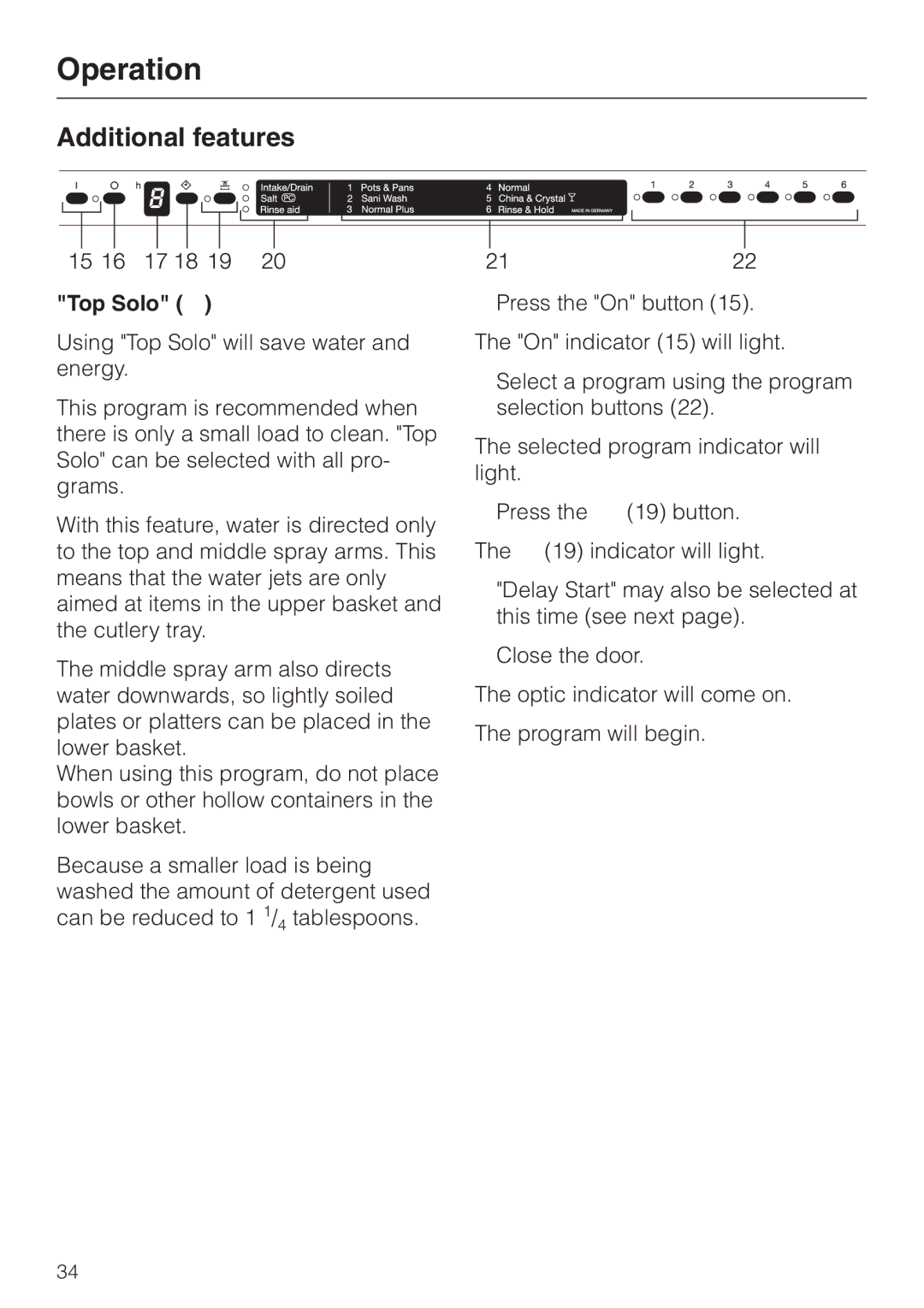 Miele G858SCVI, G658SCVI manual Additional features, Top Solo 