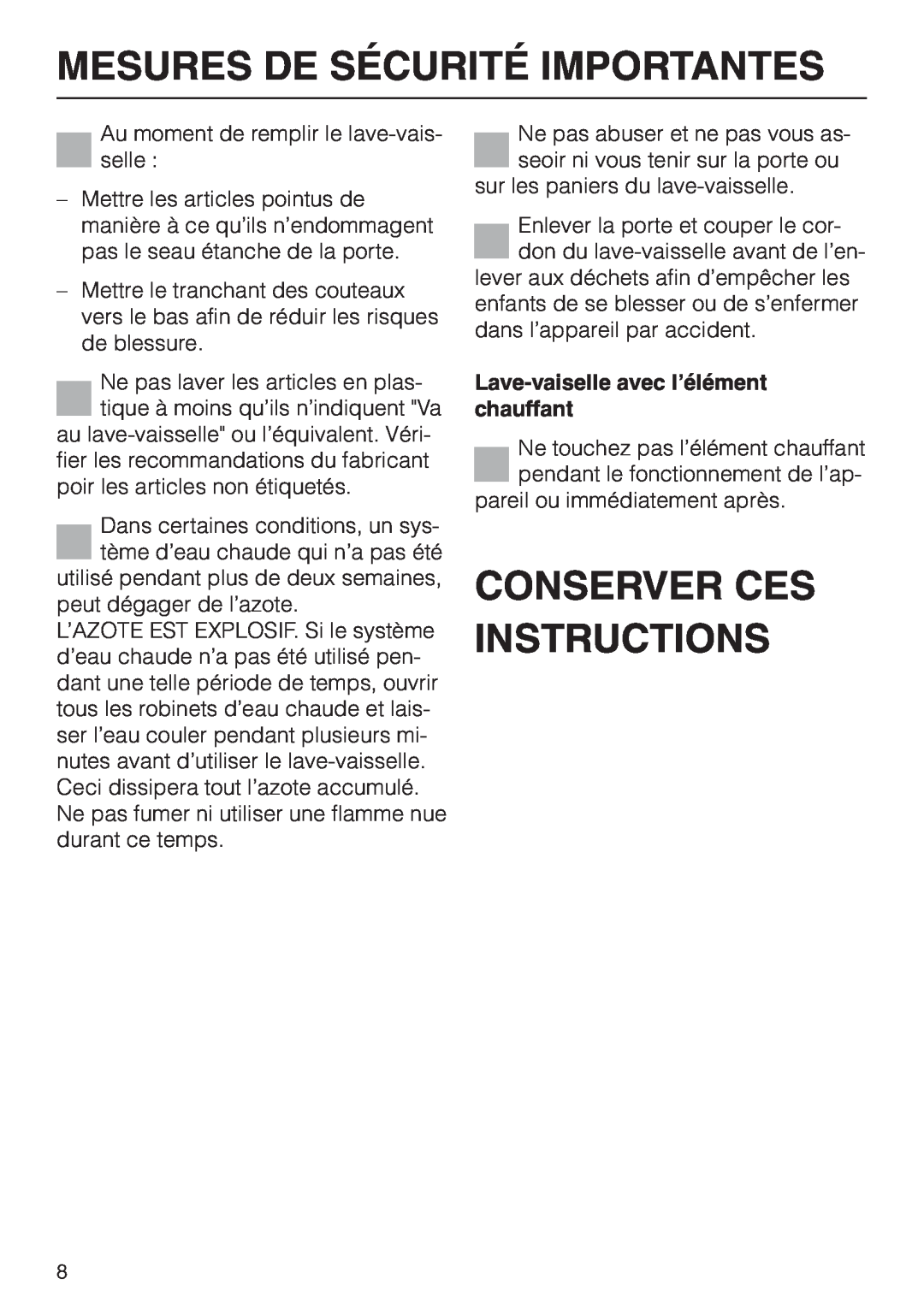 Miele G858SCVI manual Conserver Ces Instructions, Mesures De Sécurité Importantes, Lave-vaiselleavec l’élément chauffant 