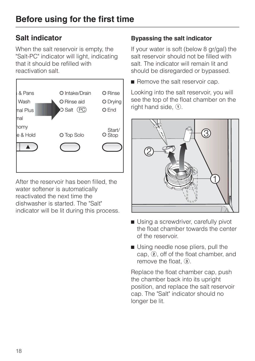 Miele G892SC operating instructions Salt indicator, Bypassing the salt indicator 