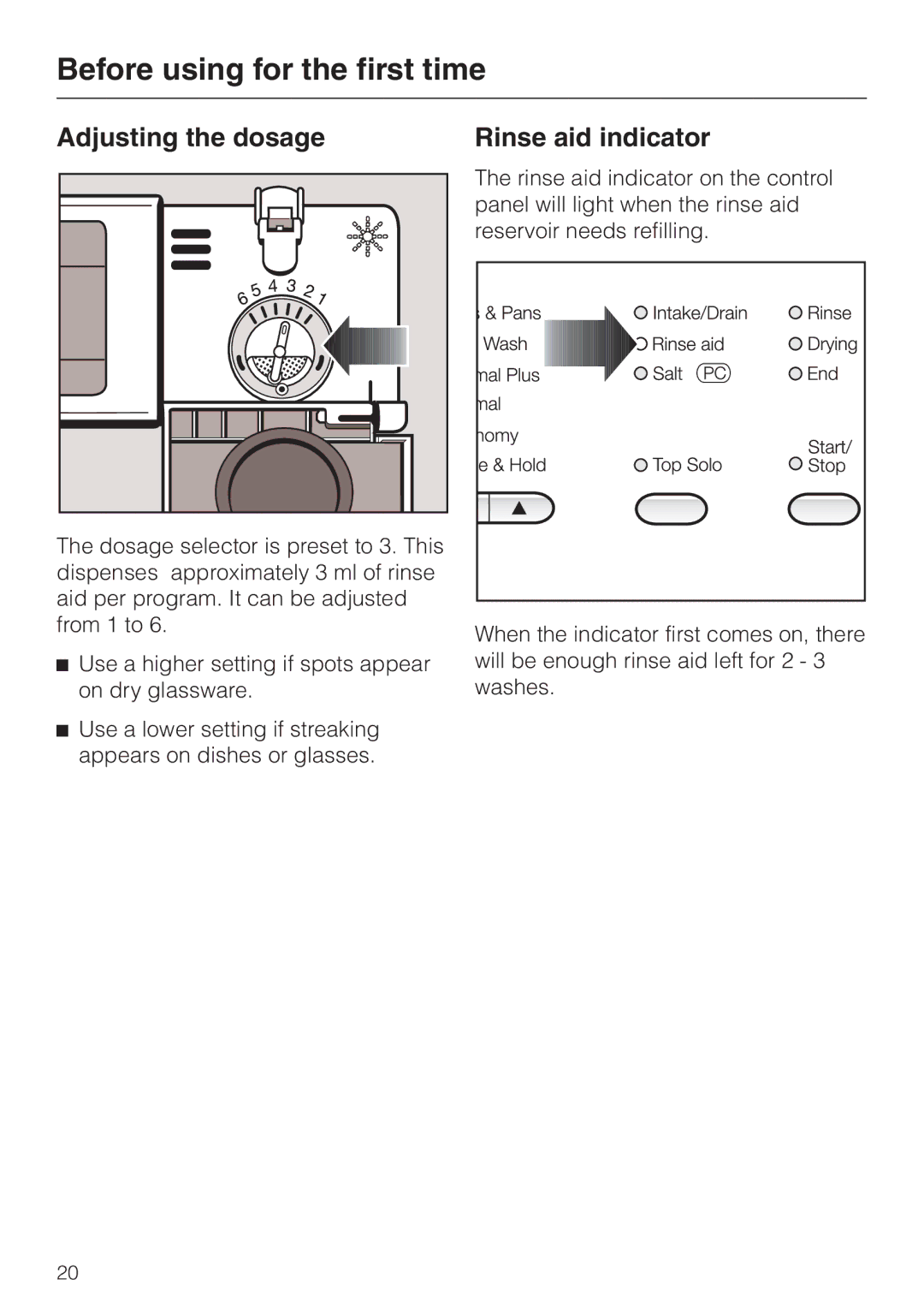 Miele G892SC operating instructions Adjusting the dosage Rinse aid indicator 