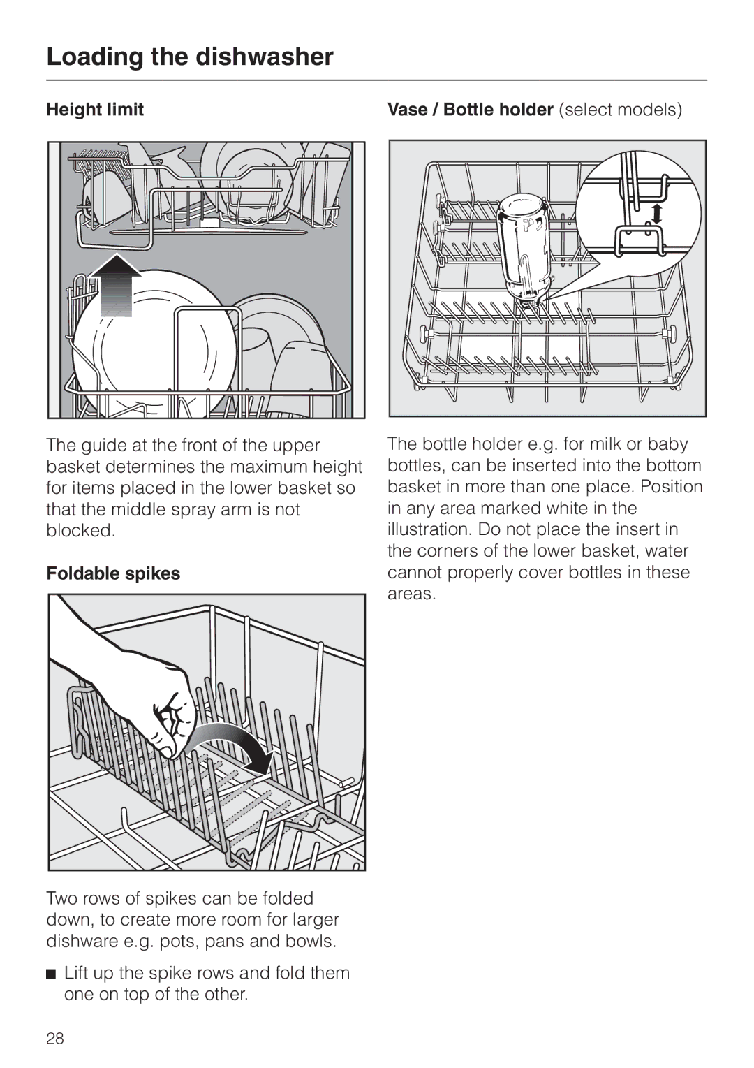 Miele G892SC operating instructions Height limit, Foldable spikes, Vase / Bottle holder select models 