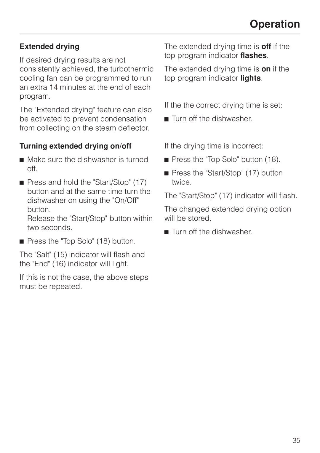 Miele G892SC operating instructions Extended drying, Turning extended drying on/off 