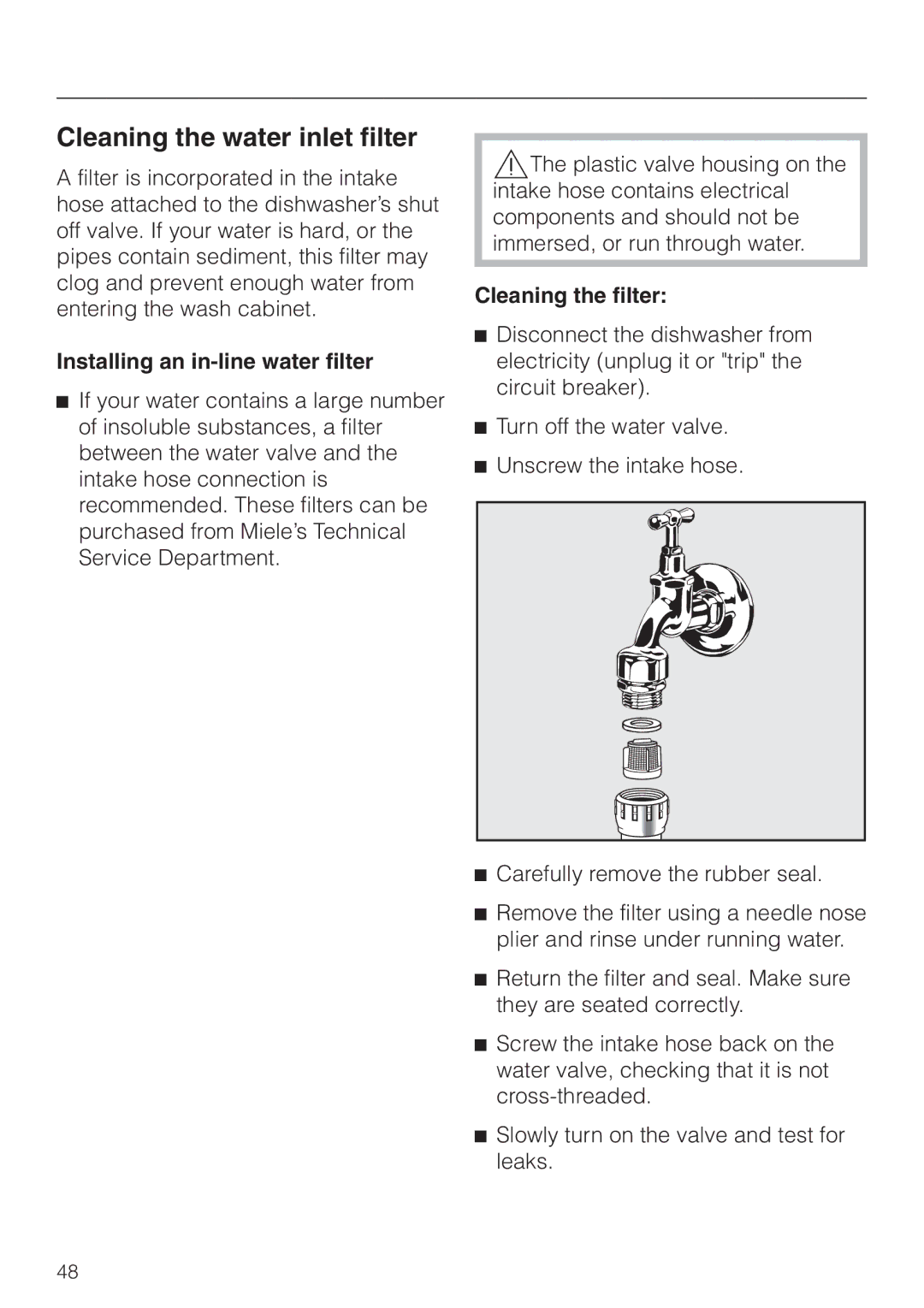 Miele G892SC Cleaning the water inlet filter, Installing an in-line water filter, Cleaning the filter 