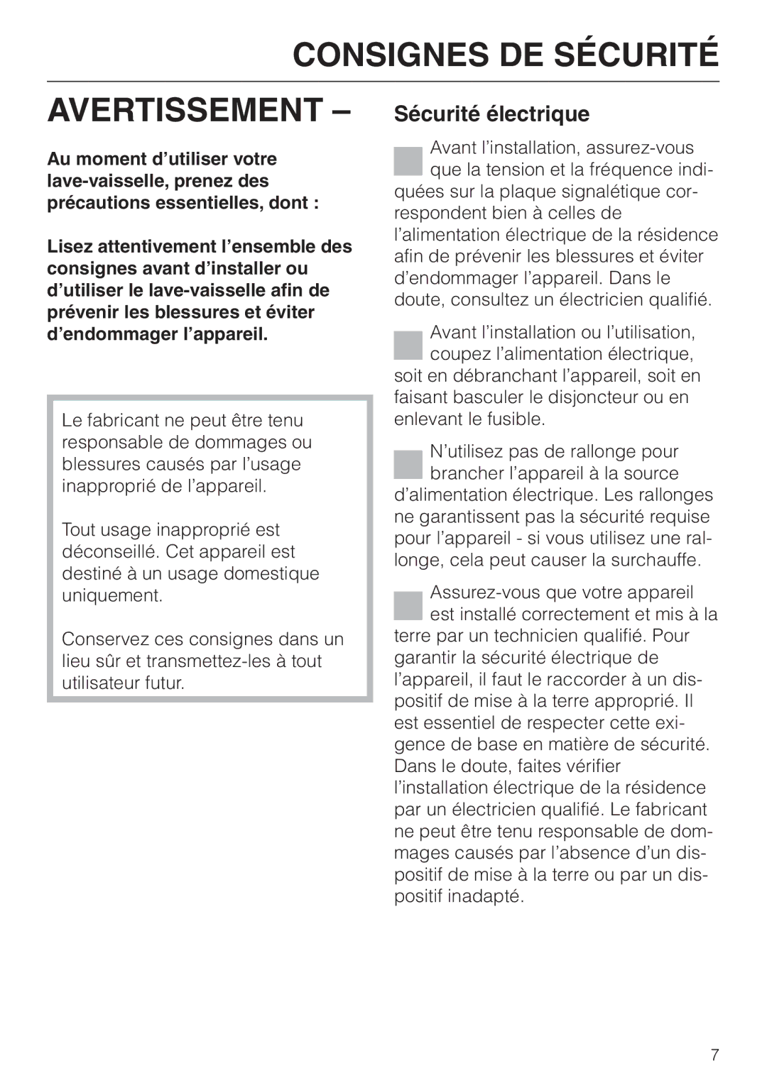 Miele G892SC operating instructions Consignes DE Sécurité Avertissement, Sécurité électrique 