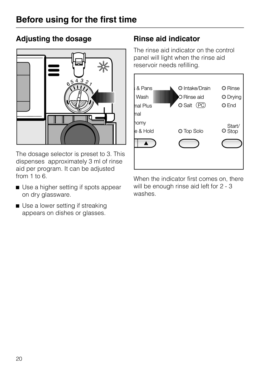 Miele G892SC operating instructions Adjusting the dosage, Rinse aid indicator, Before using for the first time 
