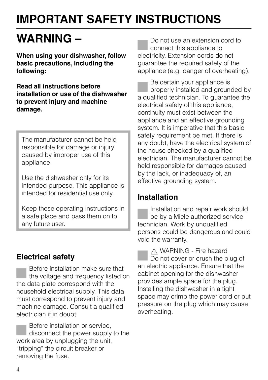Miele G892SC operating instructions Important Safety Instructions, Electrical safety, Installation 