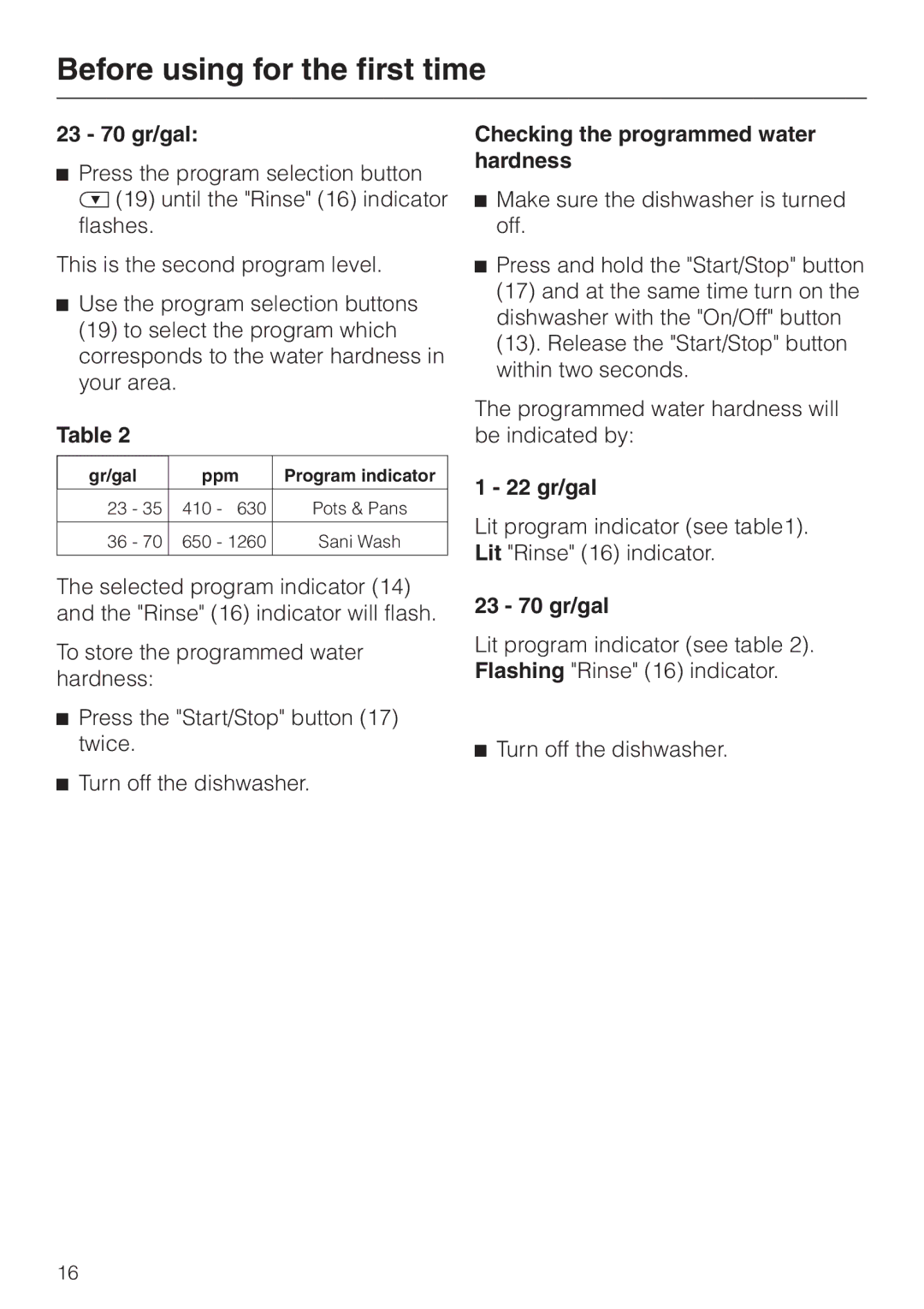 Miele G 892 SC, G892us manual 23 70 gr/gal, Checking the programmed water hardness 