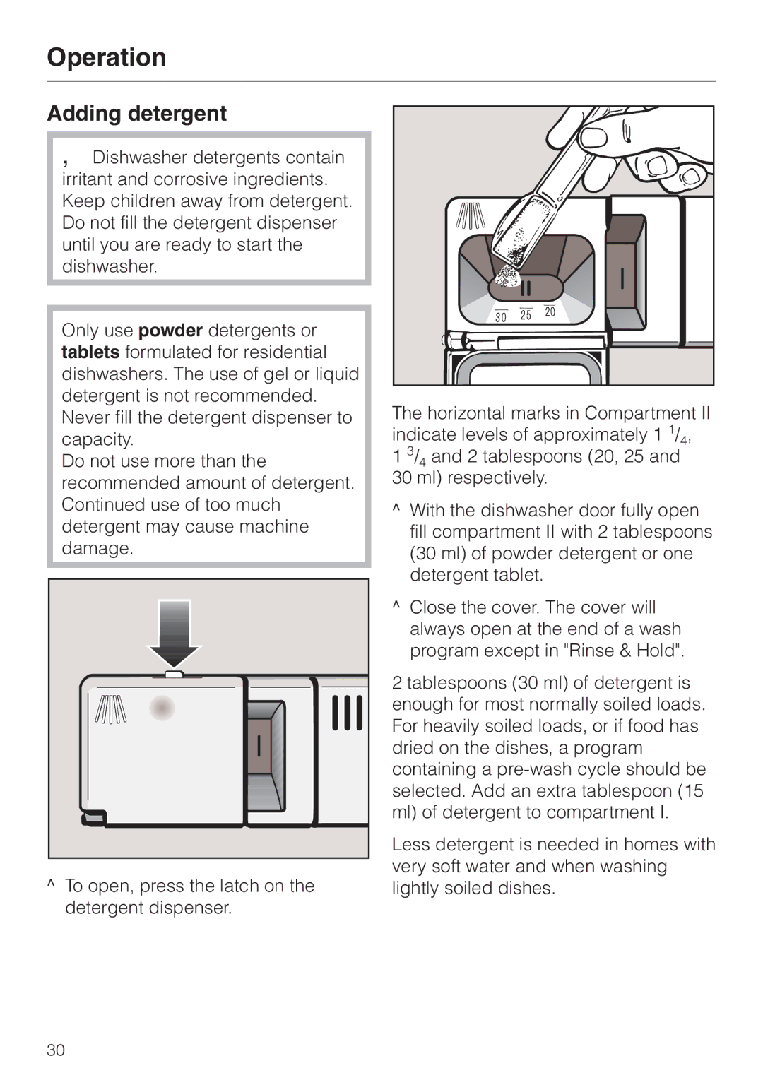 Miele G892us, G 892 SC manual Operation, Adding detergent 