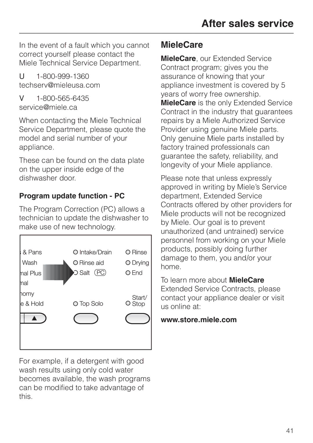 Miele G892us, G 892 SC manual After sales service, MieleCare, Program update function PC 