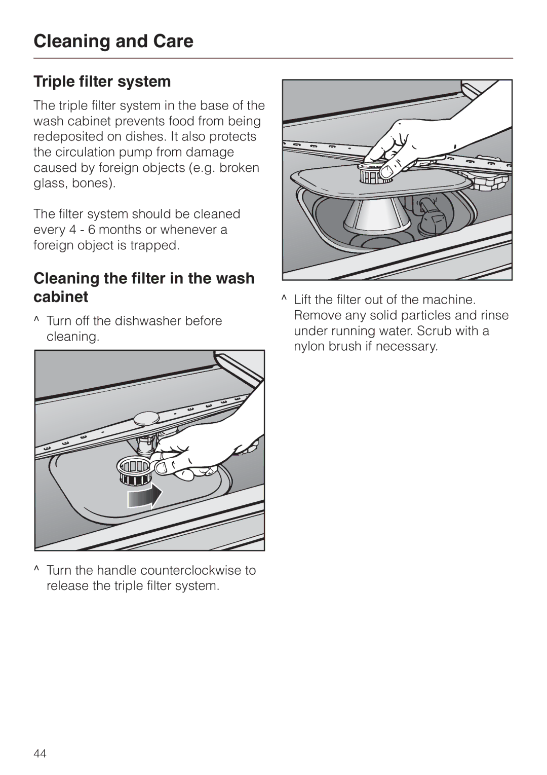 Miele G892us, G 892 SC manual Cleaning and Care, Triple filter system, Cleaning the filter in the wash cabinet 