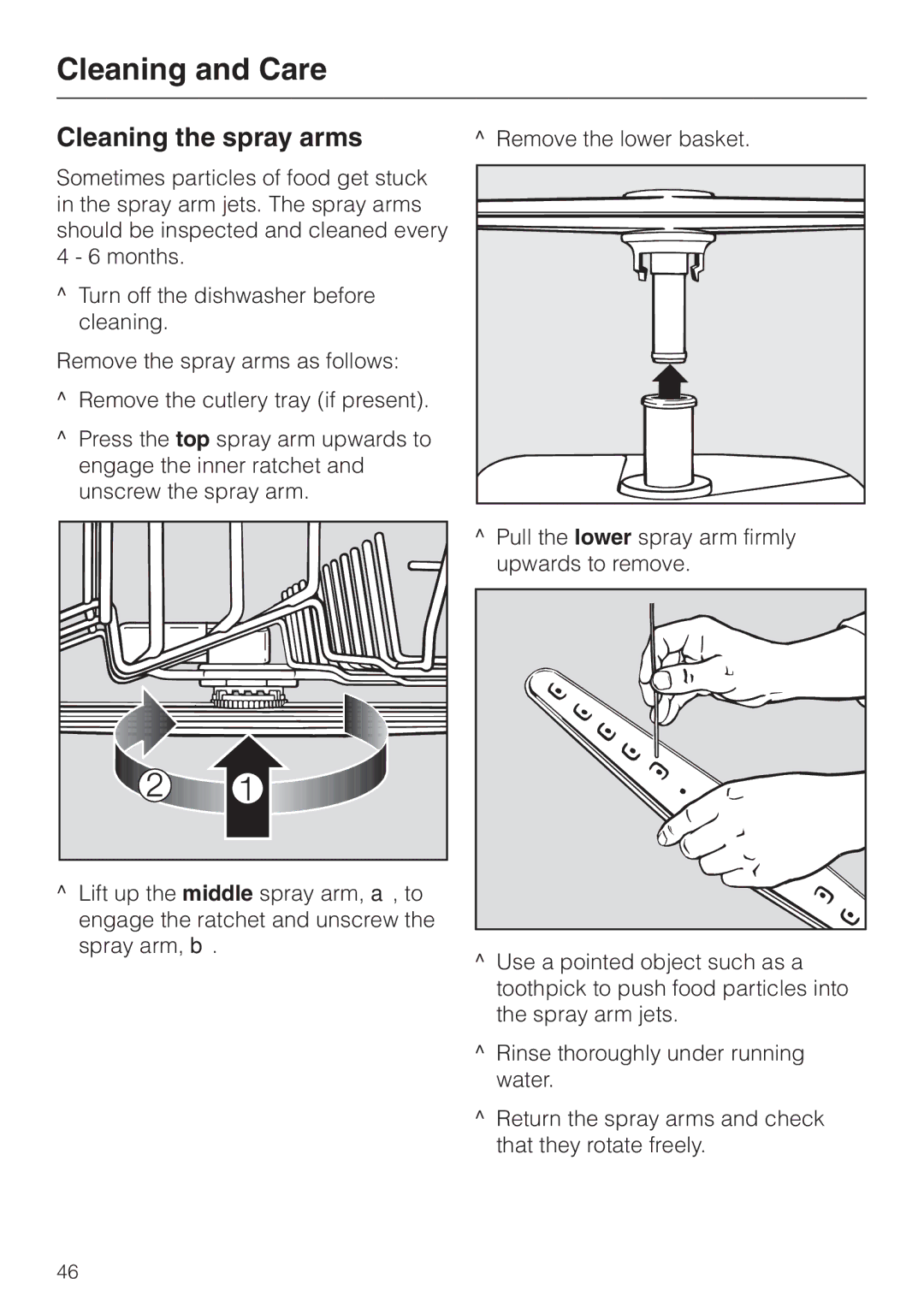 Miele G 892 SC, G892us manual Cleaning the spray arms, Remove the lower basket 