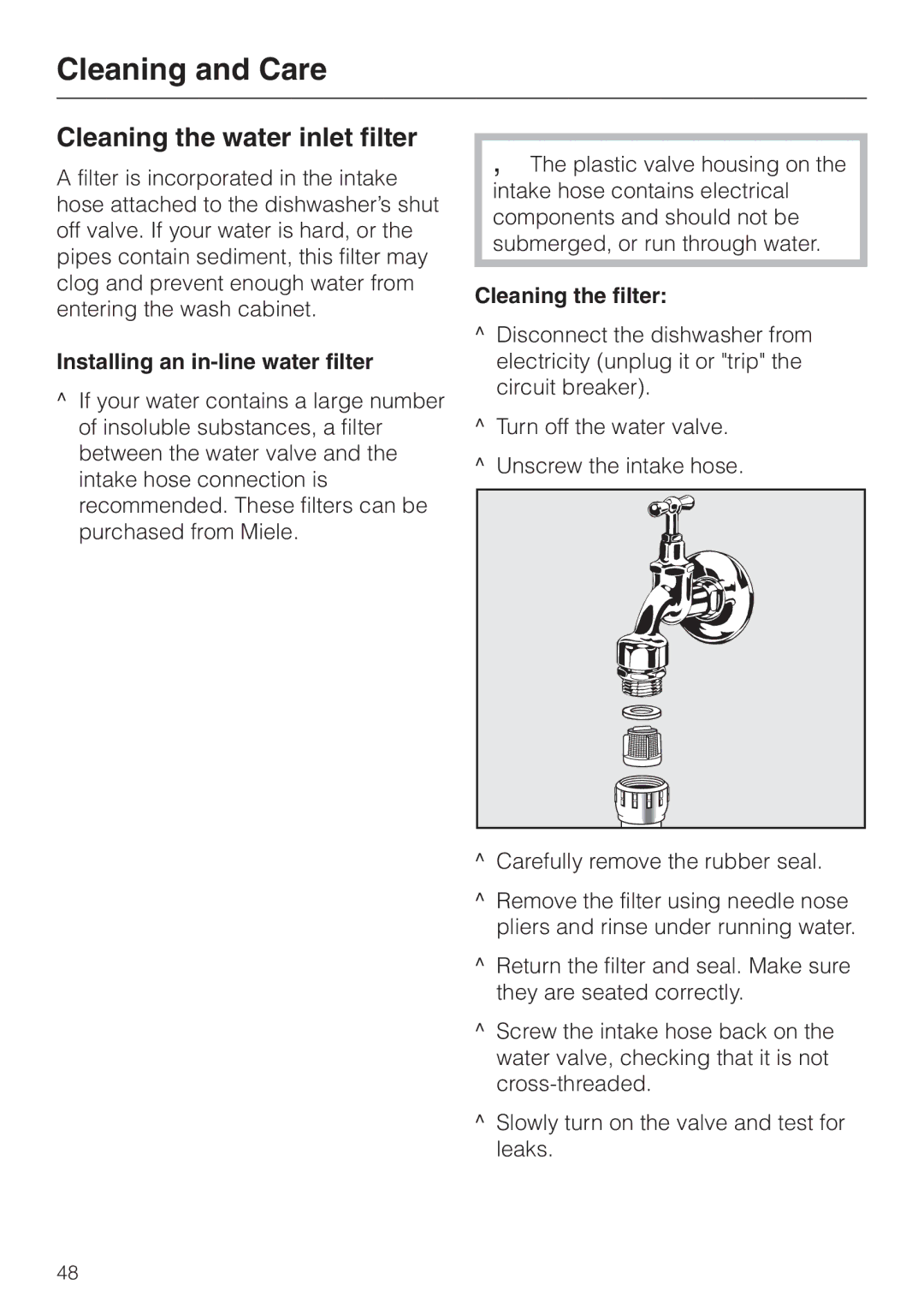 Miele G892us, G 892 SC manual Cleaning the water inlet filter, Installing an in-line water filter, Cleaning the filter 