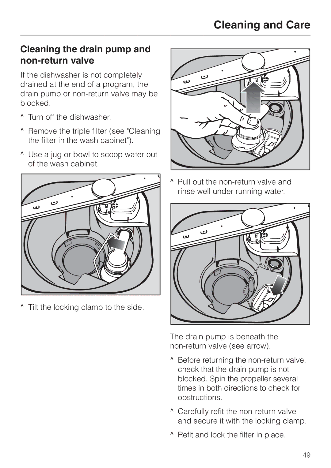 Miele G 892 SC, G892us manual Cleaning the drain pump and non-return valve 