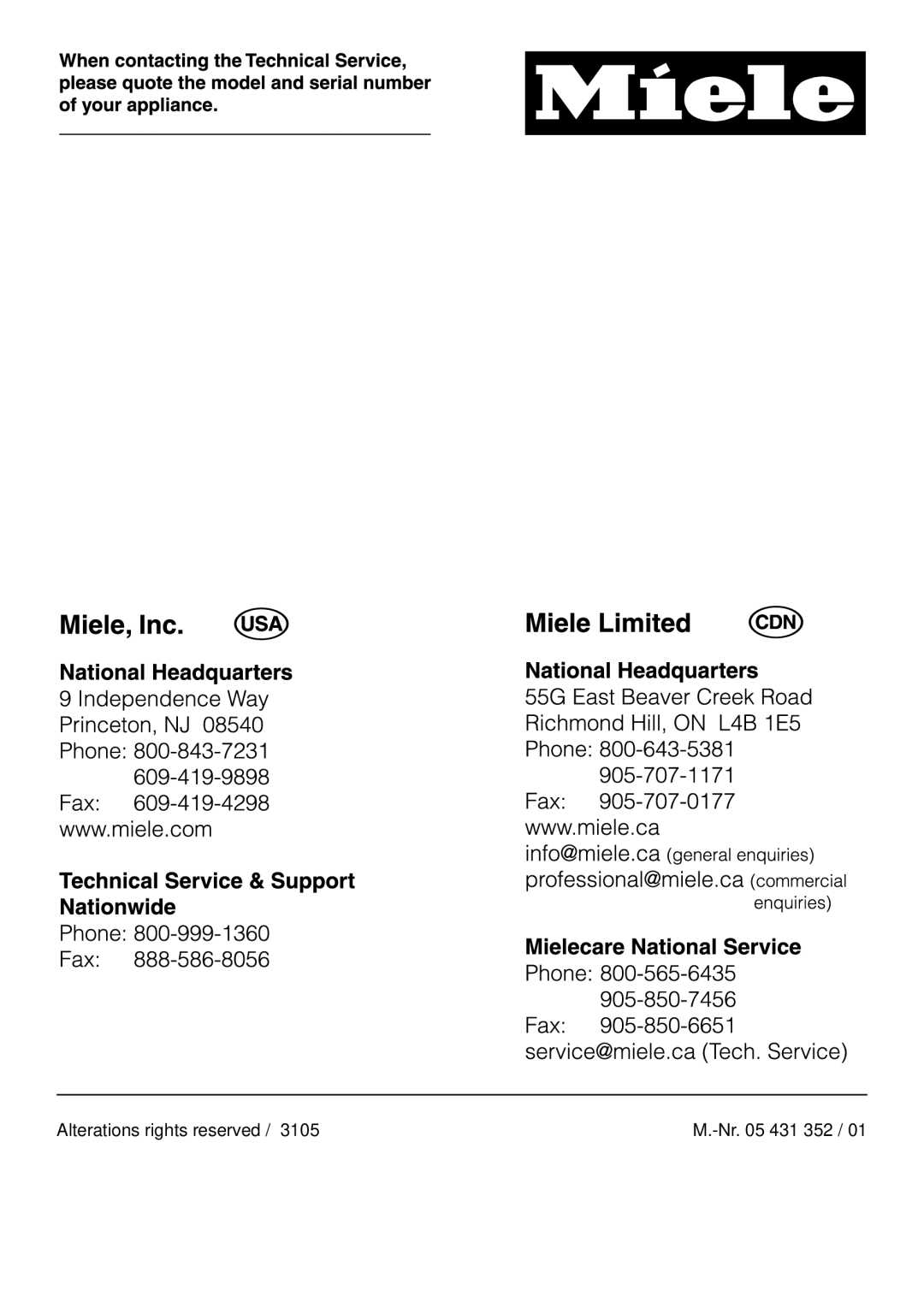 Miele G 892 SC, G892us manual Alterations rights reserved 