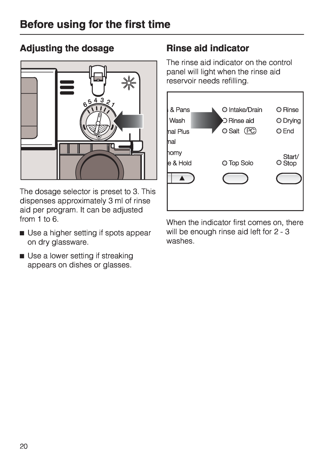 Miele G892us, G 892 SC manual Adjusting the dosage, Rinse aid indicator, Before using for the first time 