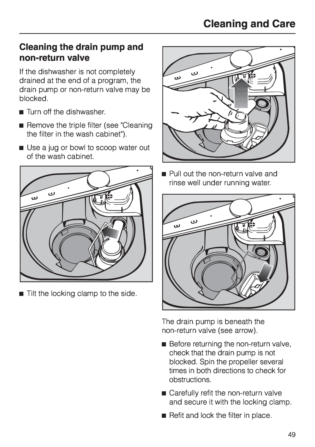 Miele G 892 SC, G892us manual Cleaning the drain pump and non-returnvalve, Cleaning and Care 