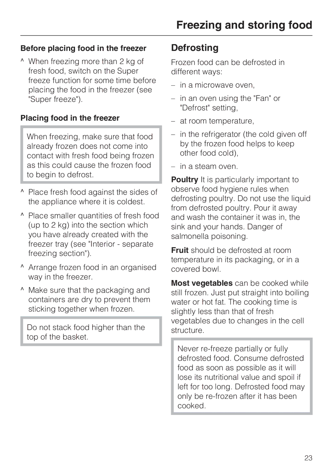Miele GT 5xx2 S, GT 5xx4 S, GT 5xx6 S manual Defrosting, Before placing food in the freezer, Placing food in the freezer 