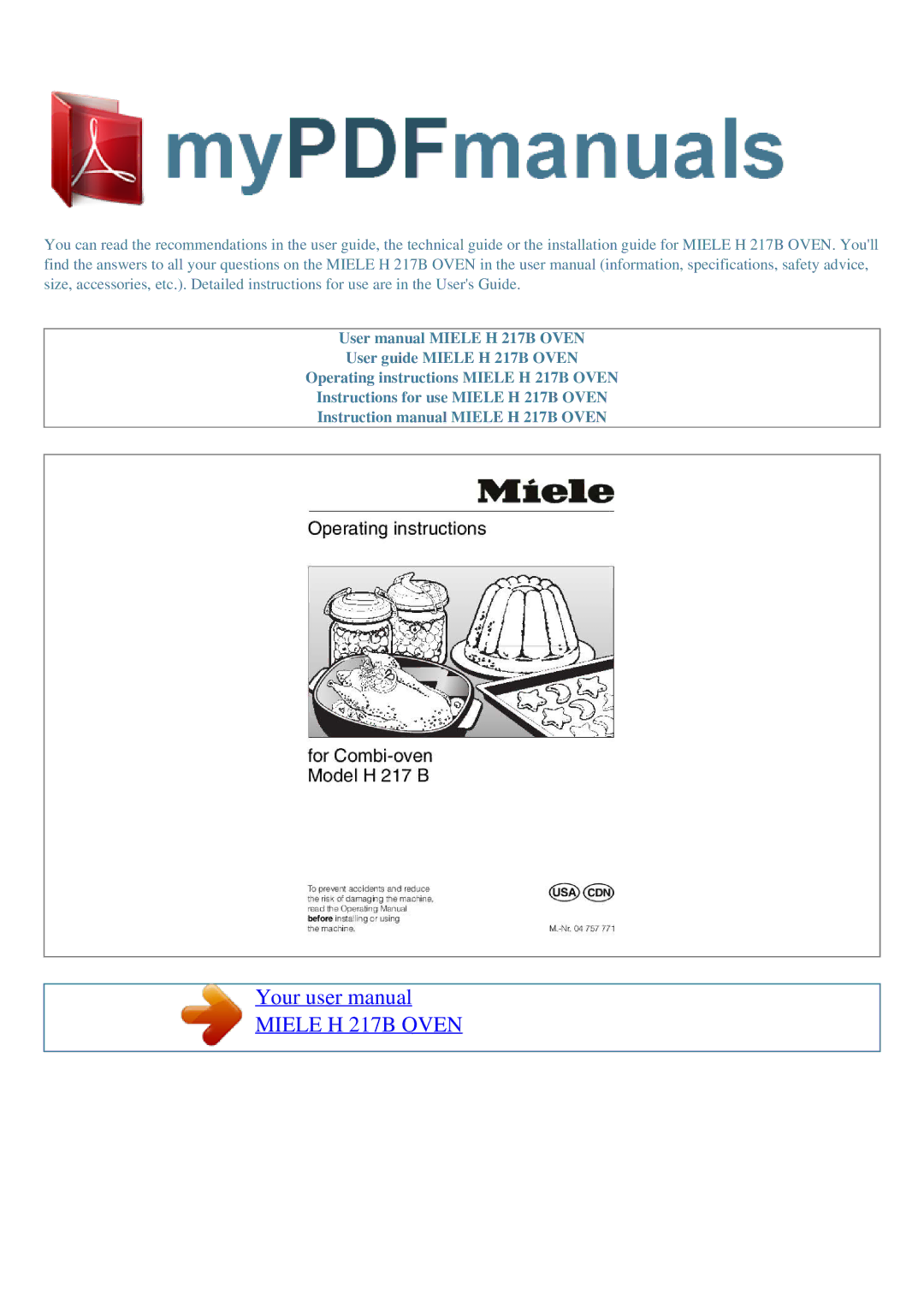 Miele H 217 B user manual Miele H 217B Oven 