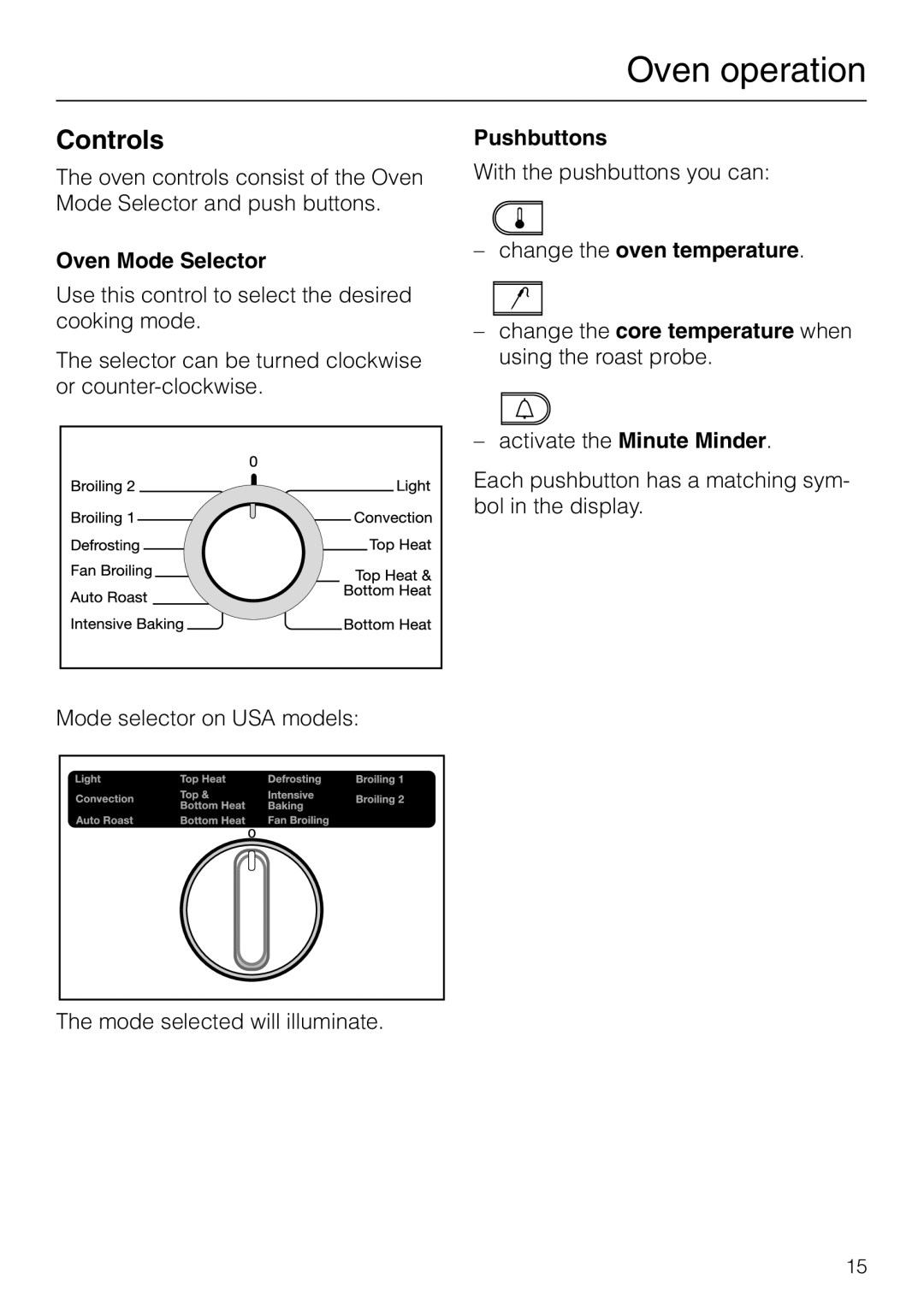 Miele H 277 B, H 267 B manual Controls, Oven Mode Selector, Pushbuttons 