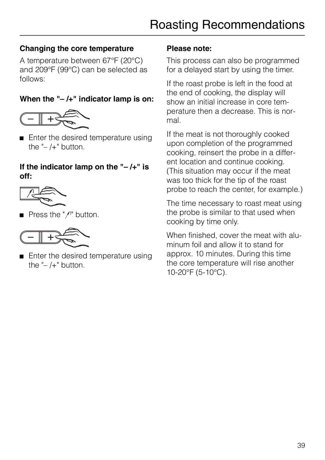 Miele H 277 B Changing the core temperature, When the /+ indicator lamp is on, If the indicator lamp on the /+ is off 