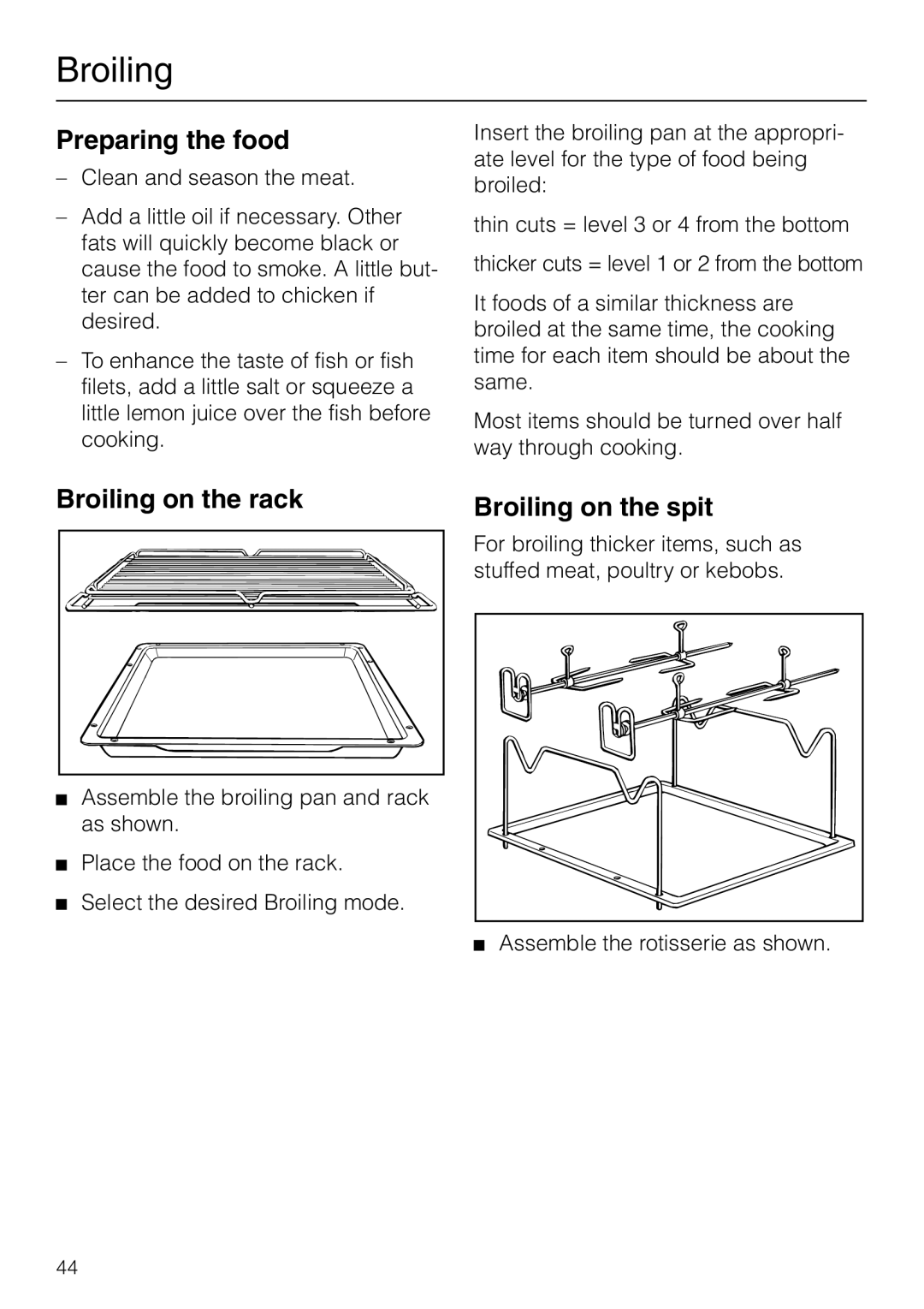 Miele H 267 B, H 277 B manual Preparing the food, Broiling on the rack, Broiling on the spit 