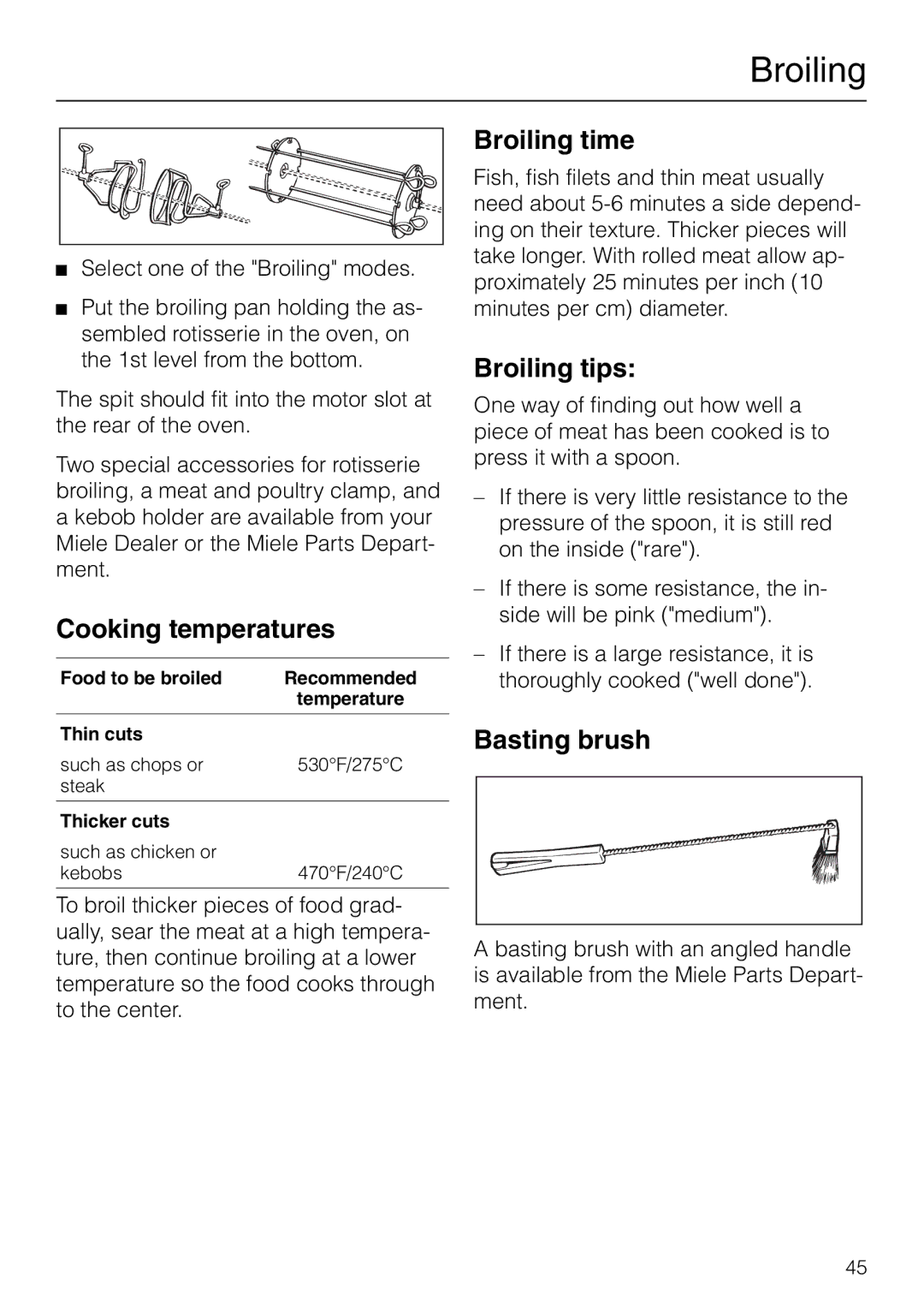 Miele H 277 B, H 267 B manual Cooking temperatures, Broiling time, Broiling tips, Basting brush 