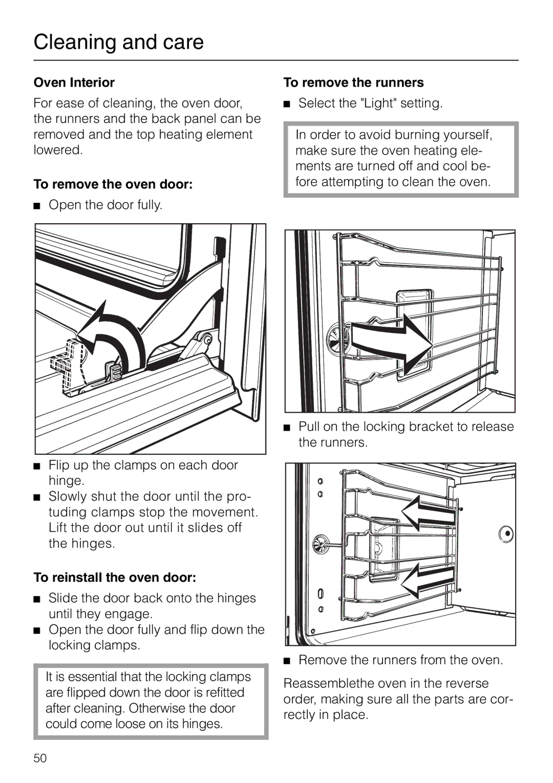 Miele H 267 B, H 277 B manual Oven Interior, To remove the oven door, To reinstall the oven door, To remove the runners 