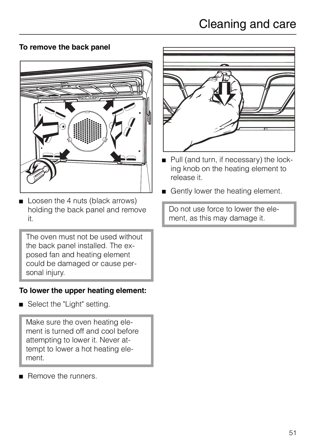 Miele H 277 B, H 267 B manual To remove the back panel, To lower the upper heating element 