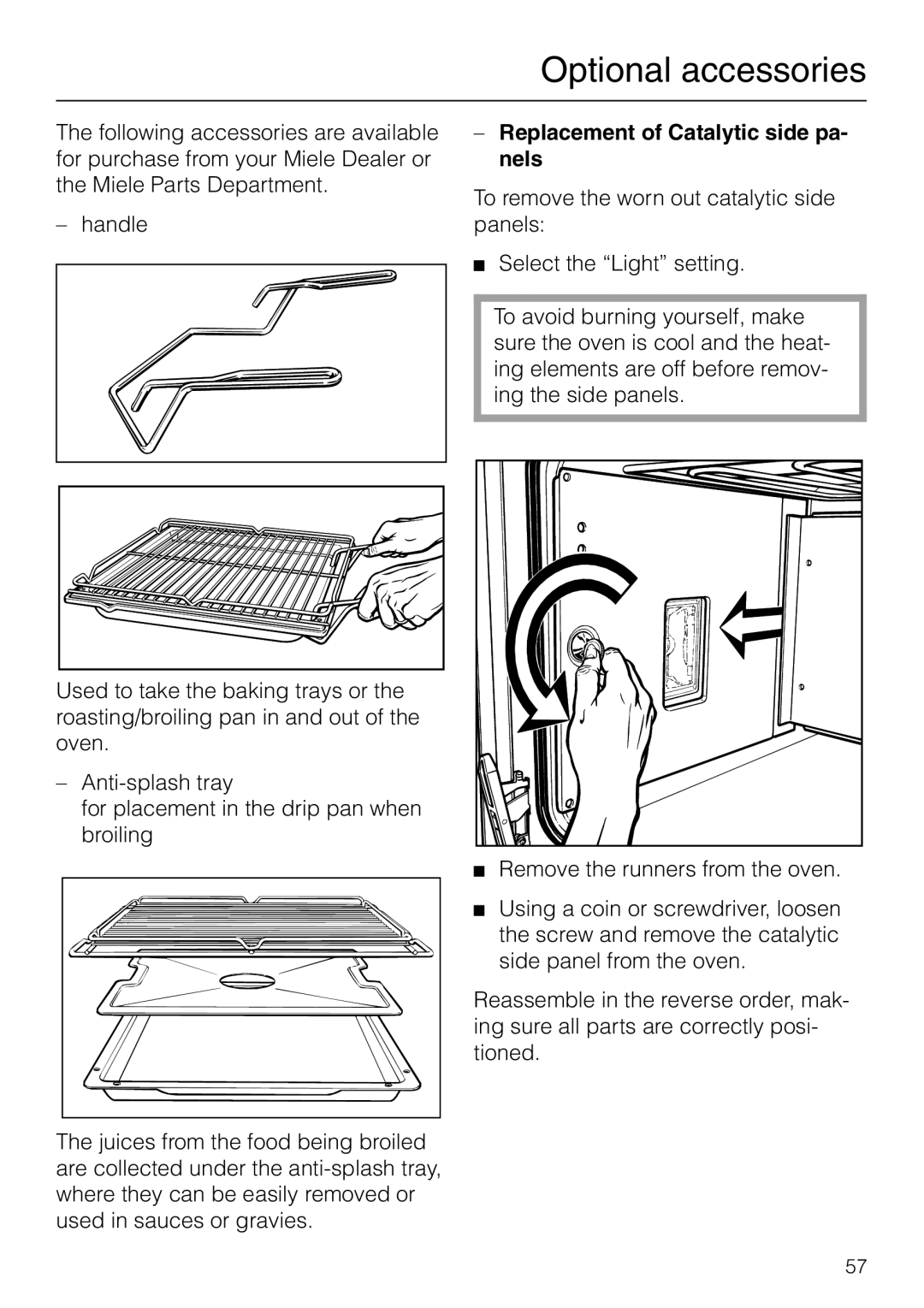 Miele H 277 B, H 267 B manual Optional accessories, Replacement of Catalytic side pa- nels 